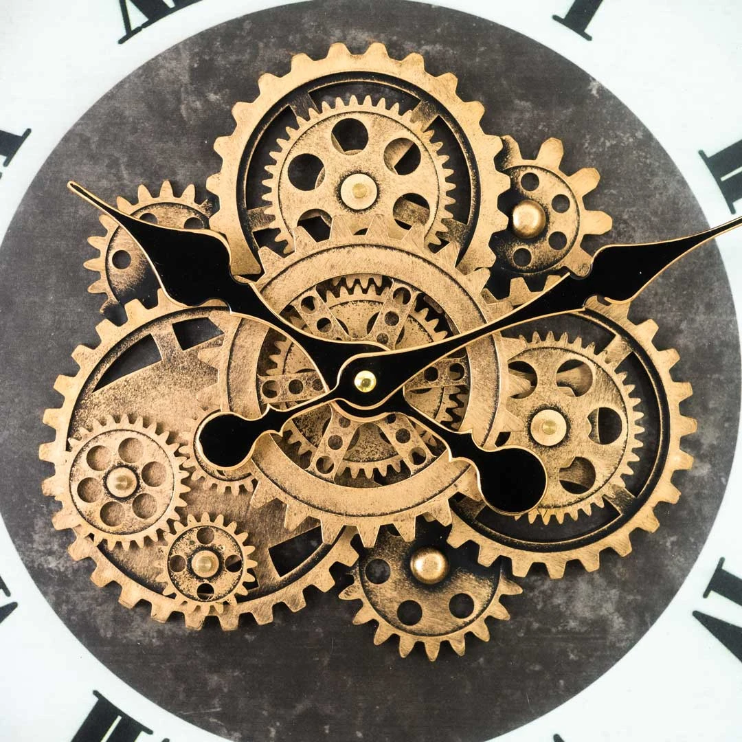 WC781-1-Grand European Vintage Rotating Gear Wall Clock with Ornate Black Metal Frame and Roman Numerals (5)
