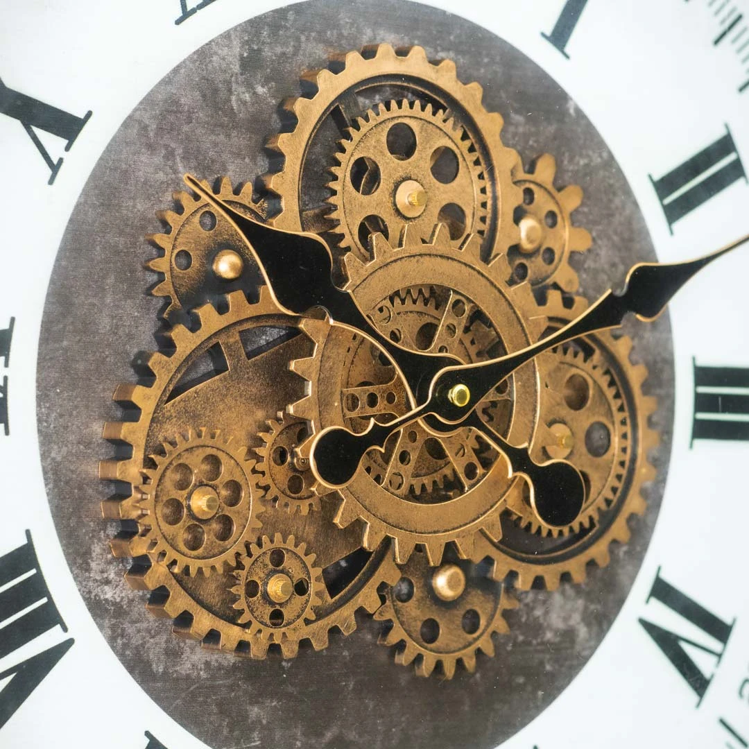 WC781-1-Grand European Vintage Rotating Gear Wall Clock with Ornate Black Metal Frame and Roman Numerals (6)