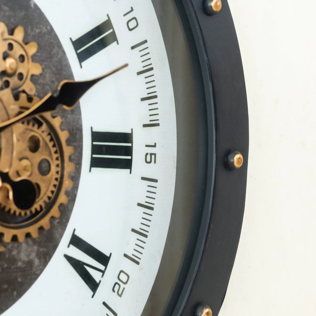WC781-1-Grand European Vintage Rotating Gear Wall Clock with Ornate Black Metal Frame and Roman Numerals (8)