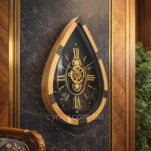 WC782-Grand Vintage Teardrop Rotating Gear Wall Clock with Wood Frame and Roman Numerals (1)