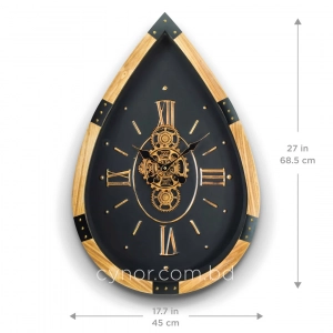 WC782-Grand Vintage Teardrop Rotating Gear Wall Clock with Wood Frame and Roman Numerals (3)