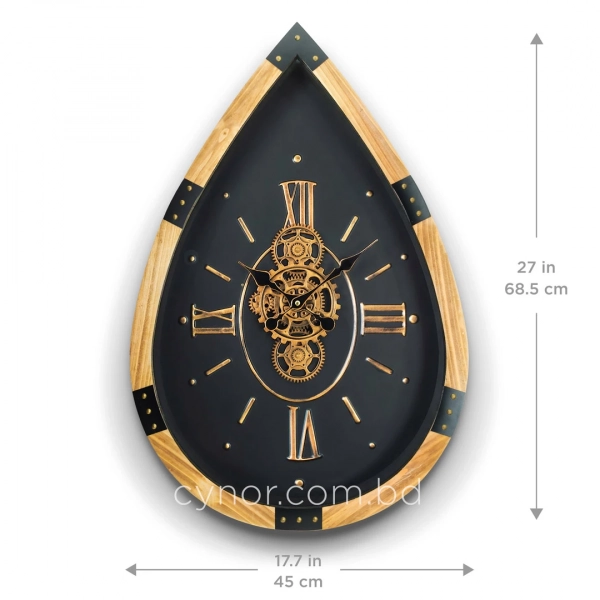 WC782-Grand Vintage Teardrop Rotating Gear Wall Clock with Wood Frame and Roman Numerals (3)