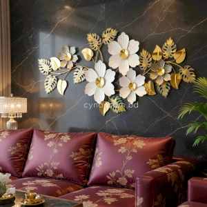 WR719-2-White Floral and Golden, Green, Ash Monstera Leaf Metal SS Wall Decor  (1)