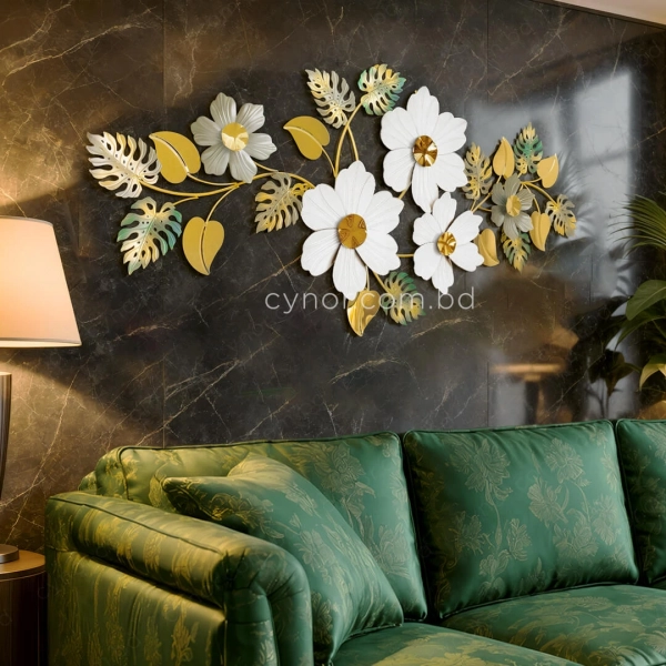 WR719-2-White Floral and Golden, Green, Ash Monstera Leaf Metal SS Wall Decor  (10)