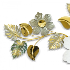 WR719-2-White Floral and Golden, Green, Ash Monstera Leaf Metal SS Wall Decor  (4)