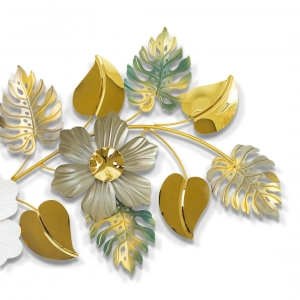 WR719-2-White Floral and Golden, Green, Ash Monstera Leaf Metal SS Wall Decor  (6)