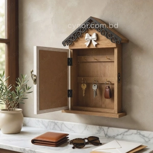WR736-2-Wooden House Shaped Key Holder Bicycle Design with Bow and Plant (2)
