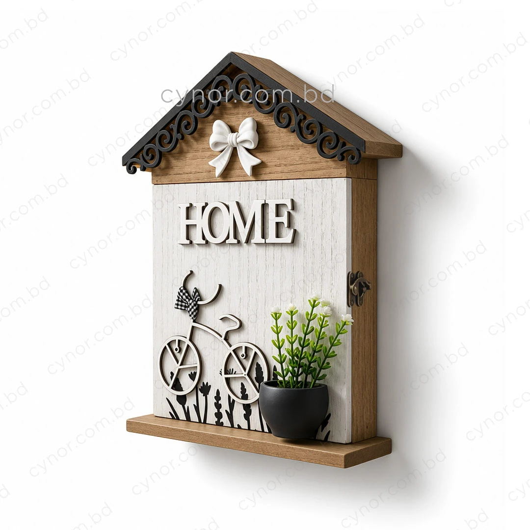 WR736-2-Wooden House Shaped Key Holder Bicycle Design with Bow and Plant (3) WR736-2-Wooden House Shaped Key Holder Bicycle Design with Bow and Plant (3)