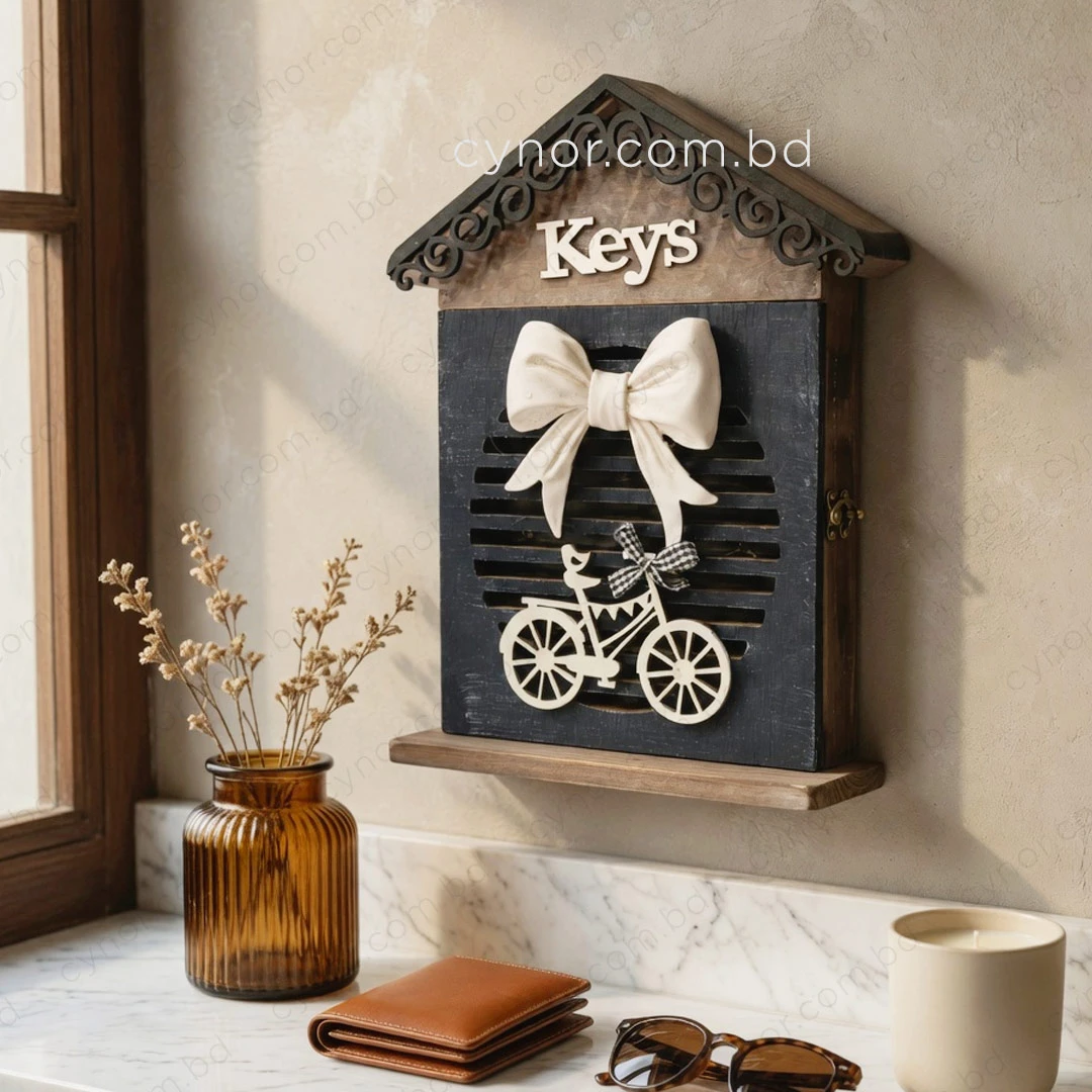 WR736-3-Wooden House-Shaped Key Holder Bicycle and Bow Design with Cutout Slots (1) WR736-3-Wooden House-Shaped Key Holder Bicycle and Bow Design with Cutout Slots (1)