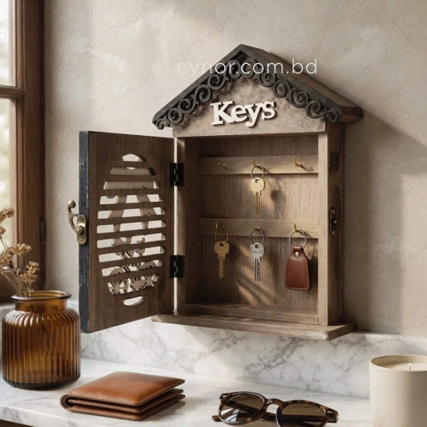 WR736-3-Wooden House-Shaped Key Holder Bicycle and Bow Design with Cutout Slots (4)