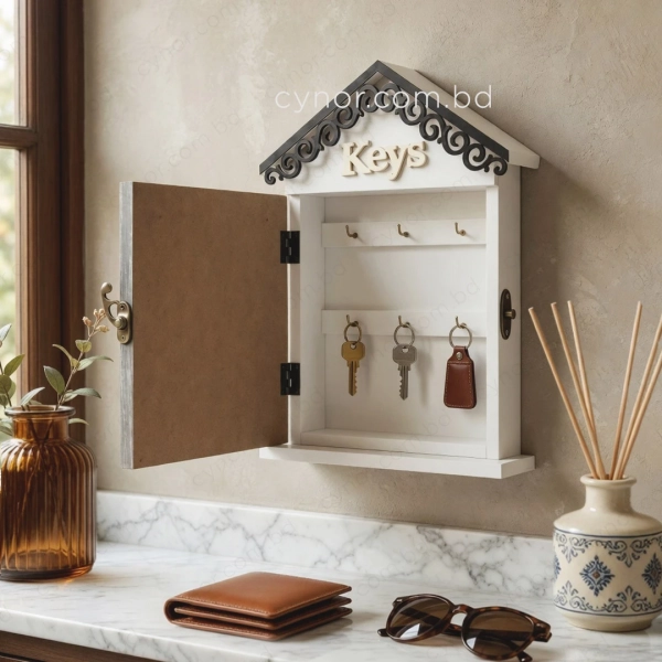 WR736-4-Wooden House Shaped Key Holder Bow Design with Beaded Accent (2)