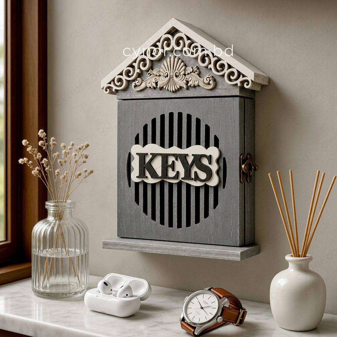 WR736-5-Elegant Wooden House Shaped Key Holder with Ornate Scrollwork Roof (1) WR736-5-Elegant Wooden House Shaped Key Holder with Ornate Scrollwork Roof (1)