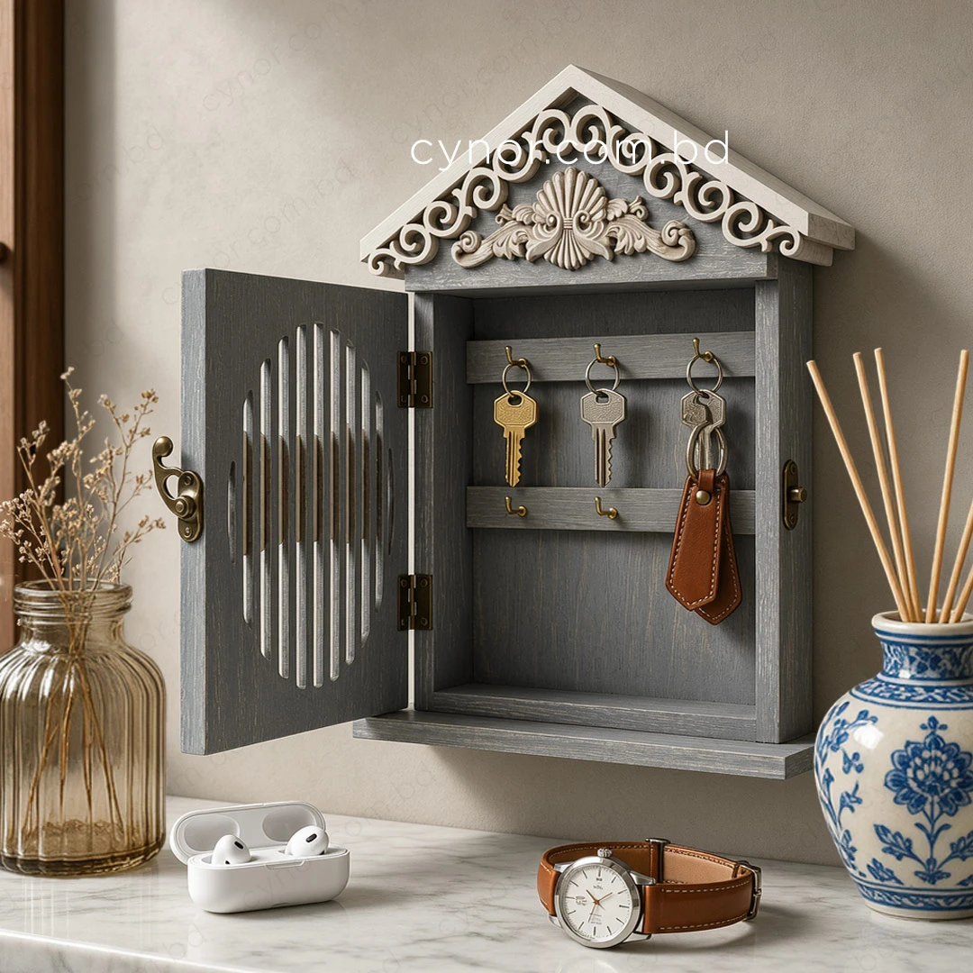 WR736-5-Elegant Wooden House Shaped Key Holder with Ornate Scrollwork Roof (2) WR736-5-Elegant Wooden House Shaped Key Holder with Ornate Scrollwork Roof (2)