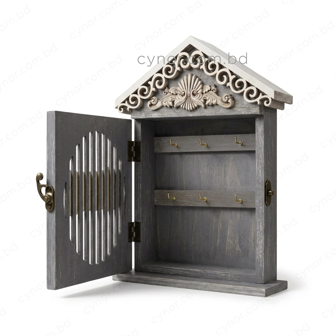 WR736-5-Elegant Wooden House Shaped Key Holder with Ornate Scrollwork Roof (4) WR736-5-Elegant Wooden House Shaped Key Holder with Ornate Scrollwork Roof (4)