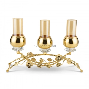 CH133-Elegant Golden Metal Floral Candelabra with Crystal Bases and Amber Glass Holders (2)