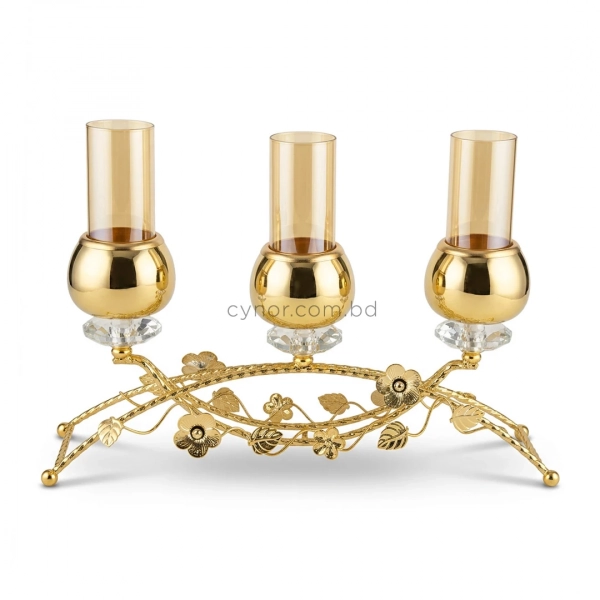 CH133-Elegant Golden Metal Floral Candelabra with Crystal Bases and Amber Glass Holders (2)