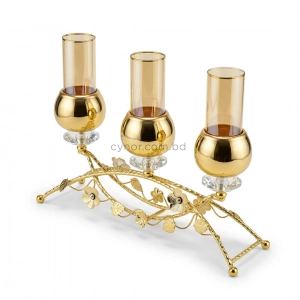 CH133-Elegant Golden Metal Floral Candelabra with Crystal Bases and Amber Glass Holders (3)