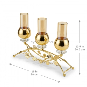 CH133-Elegant Golden Metal Floral Candelabra with Crystal Bases and Amber Glass Holders (4)
