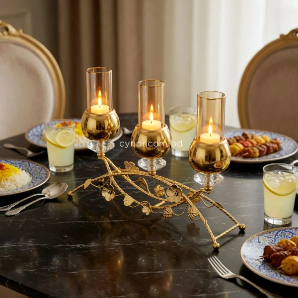 CH133-Elegant Golden Metal Floral Candelabra with Crystal Bases and Amber Glass Holders (6)
