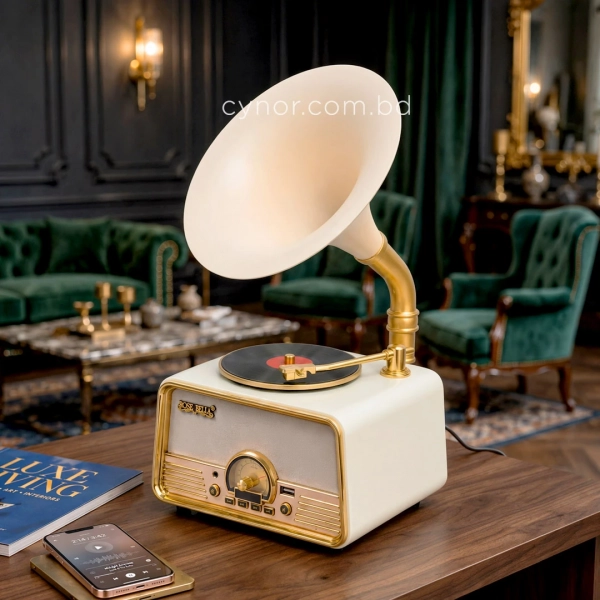 HD279-3-Luxury Vintage Style Gramophone Rechargeable Bluetooth Speaker and Radio with Spinning Disk (8)