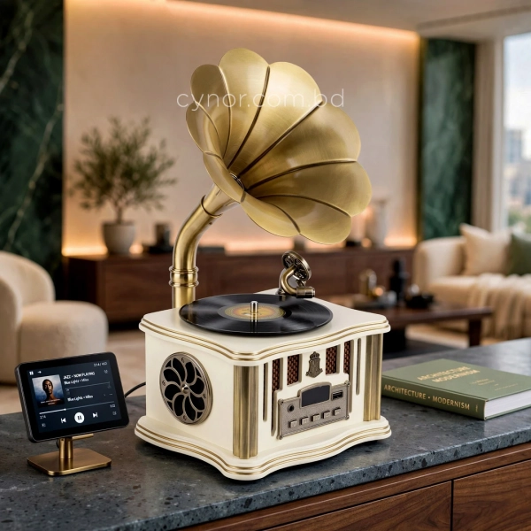 HD280-1-Luxury Antique Style Gramophone Bluetooth Speaker and FM Radio with Spinning Record (2)