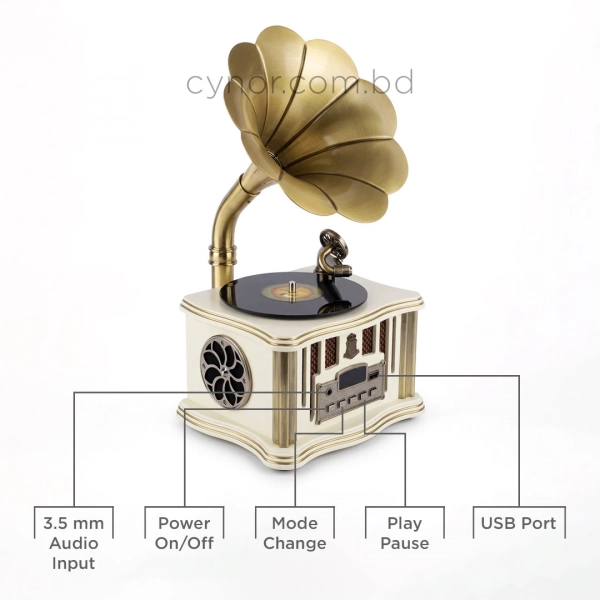 HD280-1-Luxury Antique Style Gramophone Bluetooth Speaker and FM Radio with Spinning Record (5)