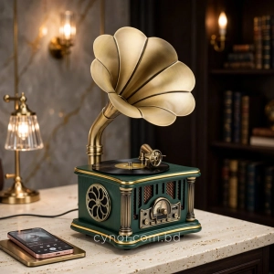 HD281-1-Luxury Vintage Gramophone Inspired Bluetooth Speaker and FM Radio with Spinning Record (1)