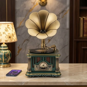 HD281-1-Luxury Vintage Gramophone Inspired Bluetooth Speaker and FM Radio with Spinning Record (2)