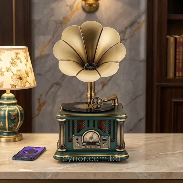HD281-1-Luxury Vintage Gramophone Inspired Bluetooth Speaker and FM Radio with Spinning Record (2)