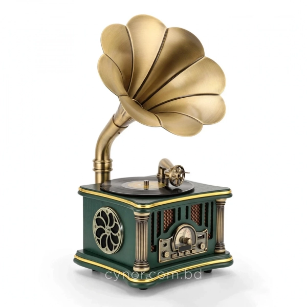 HD281-1-Luxury Vintage Gramophone Inspired Bluetooth Speaker and FM Radio with Spinning Record (4)