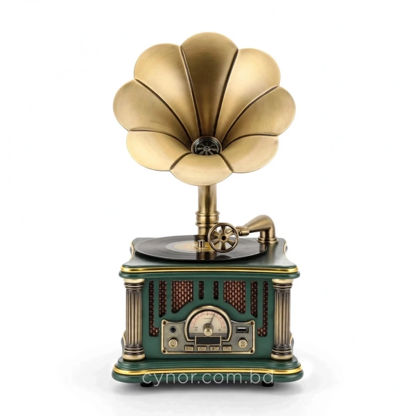 HD281-1-Luxury Vintage Gramophone Inspired Bluetooth Speaker and FM Radio with Spinning Record (5)