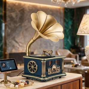 HD281-2-Luxury Vintage Gramophone Inspired Blue Bluetooth Speaker and FM Radio with Spinning Disk (1)