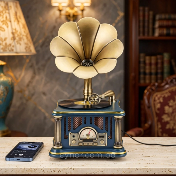 HD281-2-Luxury Vintage Gramophone Inspired Blue Bluetooth Speaker and FM Radio with Spinning Disk (2)