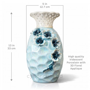 HD282-1-Premium pearlescent Light Blue Ceramic Vase with White Lattice Neck and Raised Floral Accents (3)