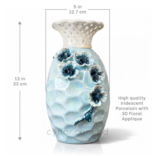 HD282-1-Premium pearlescent Light Blue Ceramic Vase with White Lattice Neck and Raised Floral Accents (3)