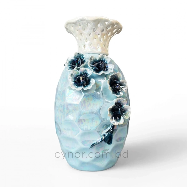 HD282-1-Premium pearlescent Light Blue Ceramic Vase with White Lattice Neck and Raised Floral Accents (4)