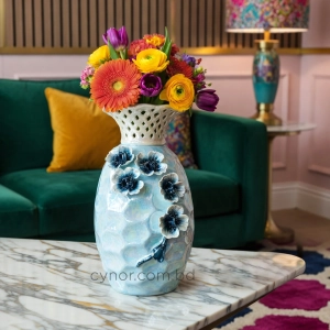 HD282-1-Premium pearlescent Light Blue Ceramic Vase with White Lattice Neck and Raised Floral Accents (5)