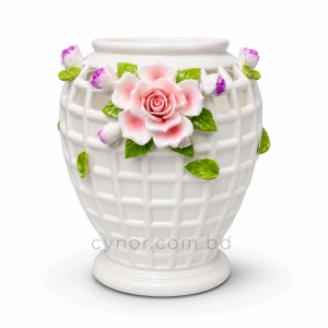 HD283-1-Premium White Porcelain Lattice Vase with Raised Pink Rose and Floral Accents (3)