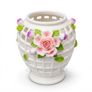 HD283-1-Premium White Porcelain Lattice Vase with Raised Pink Rose and Floral Accents (4)