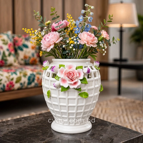 HD283-1-Premium White Porcelain Lattice Vase with Raised Pink Rose and Floral Accents (5)