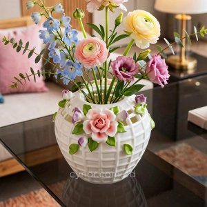 HD284-Premium White Porcelain Lattice Vase with Raised Floral and Leaves Accents (7)