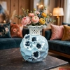 HD285-High Quality Pearlescent Sky Blue Porcelain Vase with Lattice Neck and Navy Blue Raised Floral Accents (1)
