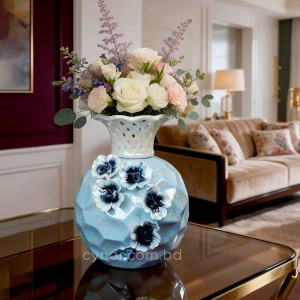 HD285-High Quality Pearlescent Sky Blue Porcelain Vase with Lattice Neck and Navy Blue Raised Floral Accents (3)