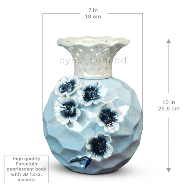 HD285-High Quality Pearlescent Sky Blue Porcelain Vase with Lattice Neck and Navy Blue Raised Floral Accents (4)