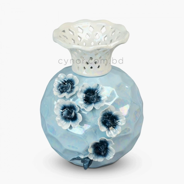 HD285-High Quality Pearlescent Sky Blue Porcelain Vase with Lattice Neck and Navy Blue Raised Floral Accents (6)