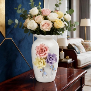 HD286-1-Ceramic Porcelain Vase with Scalloped Wavy Rim and Tri-Color 3D Floral Accents (2)