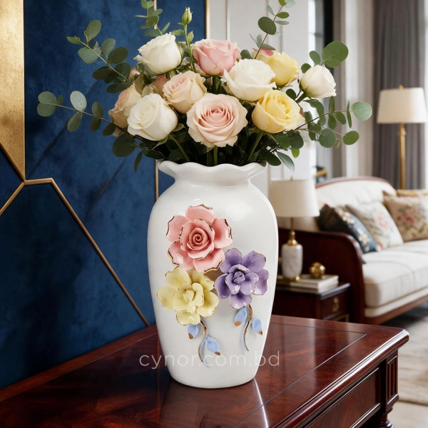 HD286-1-Ceramic Porcelain Vase with Scalloped Wavy Rim and Tri-Color 3D Floral Accents (2)