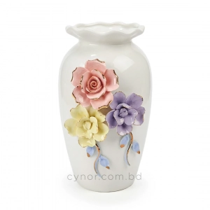 HD286-1-Ceramic Porcelain Vase with Scalloped Wavy Rim and Tri-Color 3D Floral Accents (4)