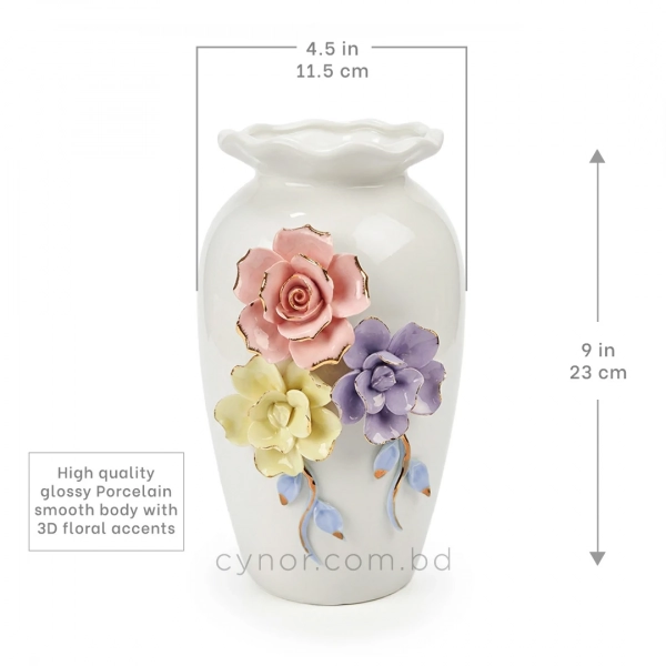 HD286-1-Ceramic Porcelain Vase with Scalloped Wavy Rim and Tri-Color 3D Floral Accents (5)