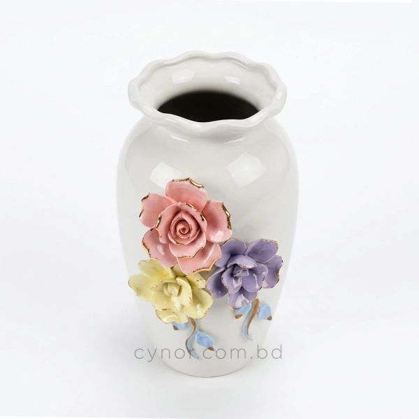 HD286-1-Ceramic Porcelain Vase with Scalloped Wavy Rim and Tri-Color 3D Floral Accents (6)
